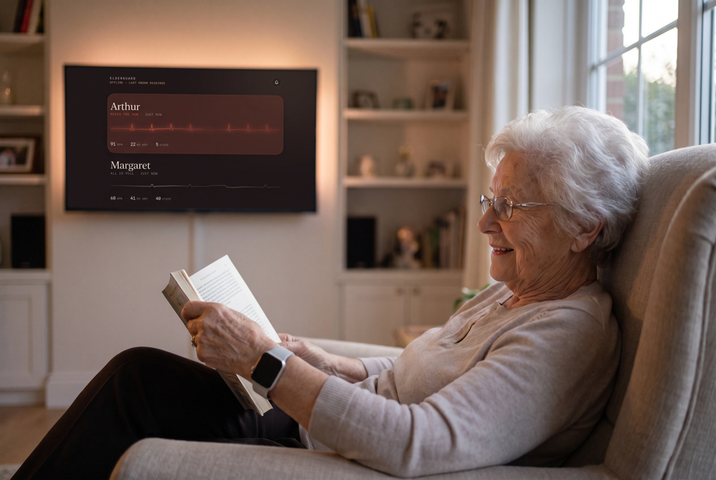 An older woman reading in her armchair, wearing an Apple Watch
